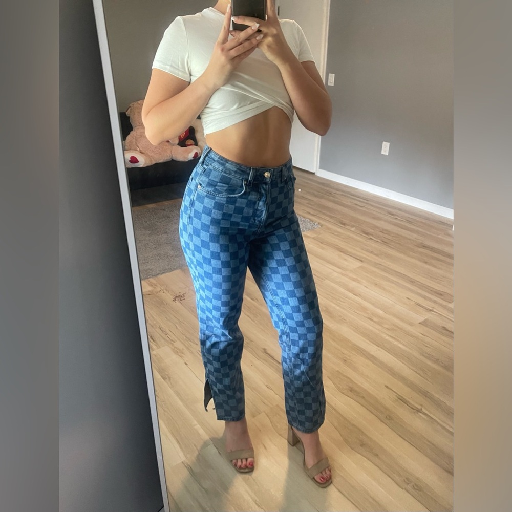 Checkered Straight Leg Jeans with Shoe Slits